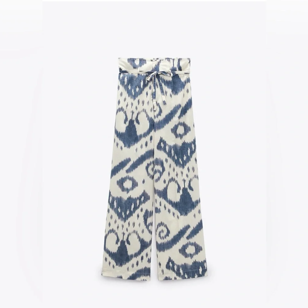 ZARA Printed Ramie Shirt & Pants Set LIMITED EDITION Blue Cream Size S/XS